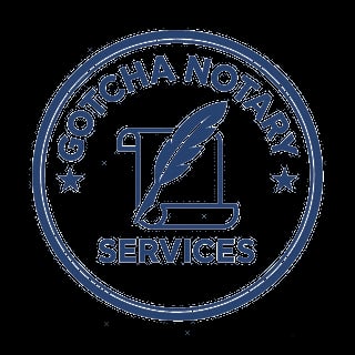 Gotcha Notary Services circular logo featuring a feather pen and document icon in blue